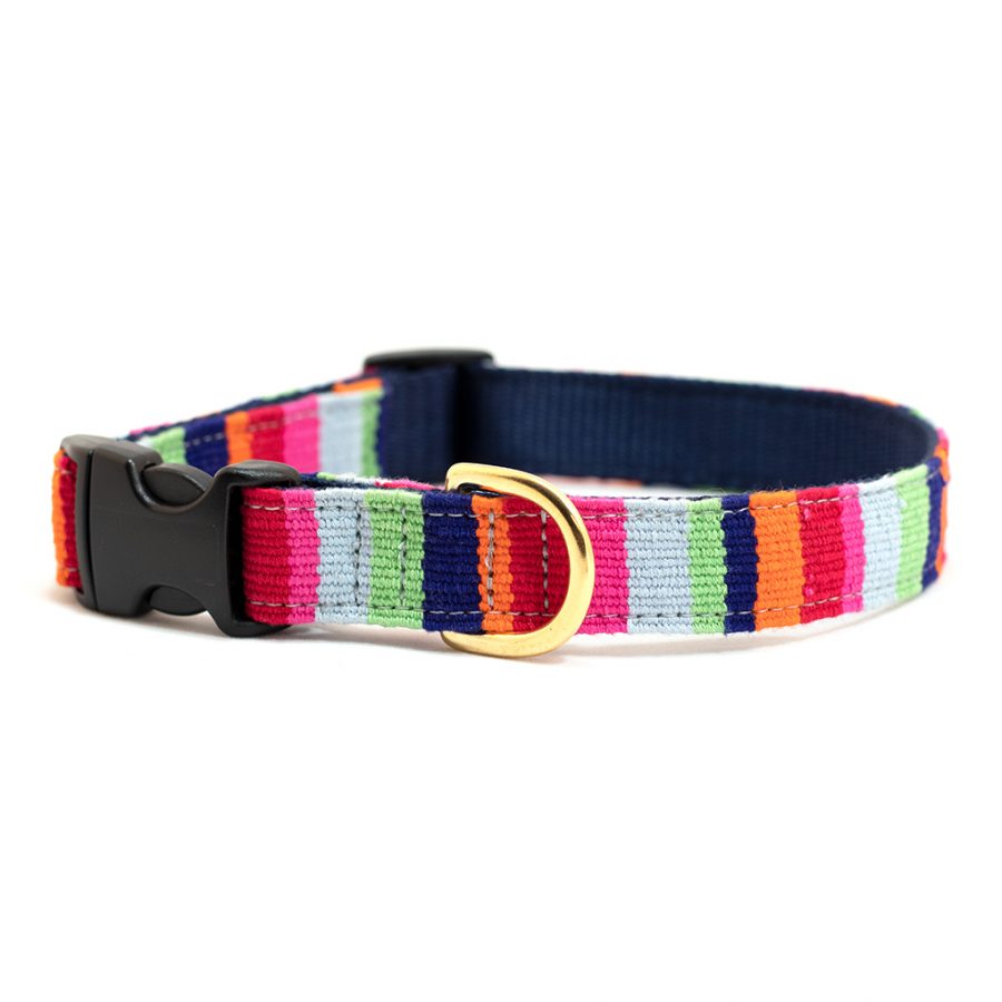 Striped cotton dog collar with rainbow weave and black buckle, D-ring clasp