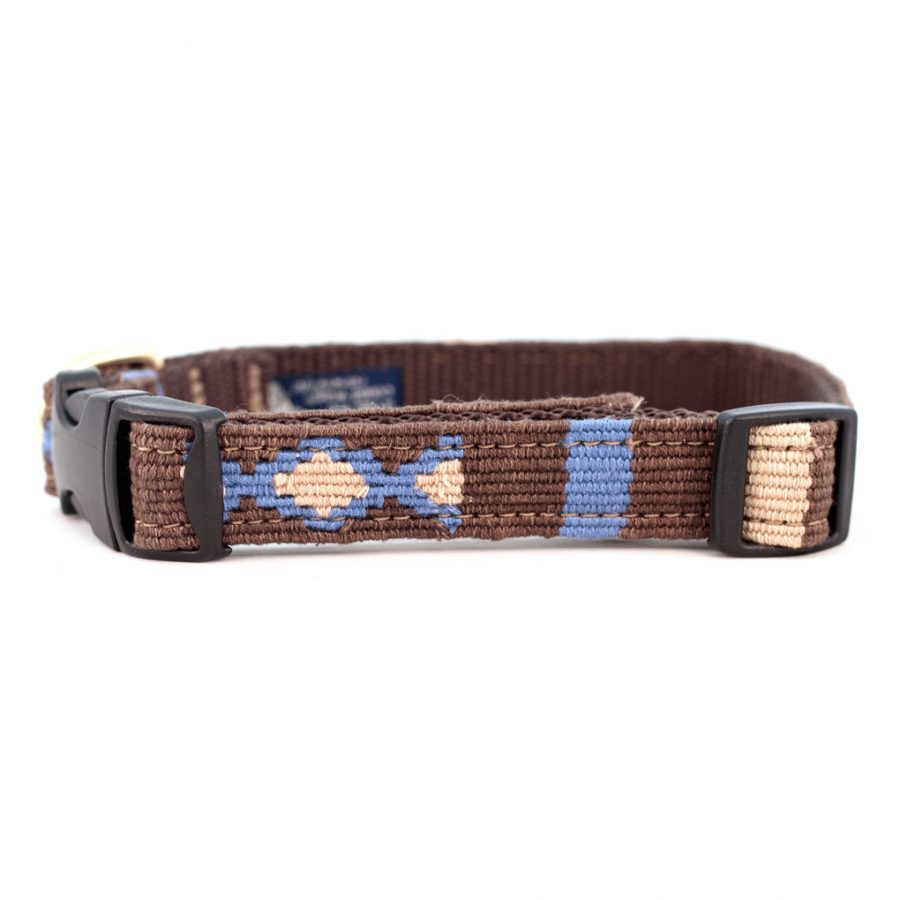 Coffee-brown woven cotton dog collar with blue and cream pattern, metal buckle and D-ring