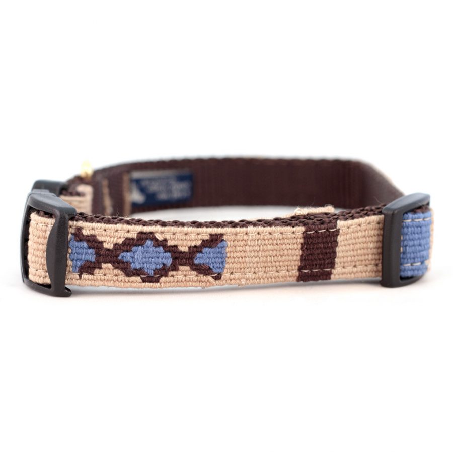 Sand cotton weave dog collar with blue diamond pattern and adjustable buckles