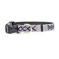Slate gray woven cotton dog collar with black pattern and metal buckle