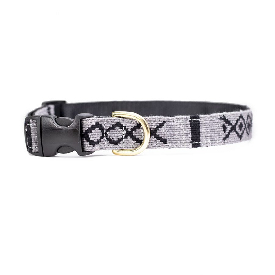 Slate gray woven cotton dog collar with black pattern and metal buckle