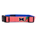 Woven cotton dog collar, pink and coral with blue and green pattern, black plastic buckle