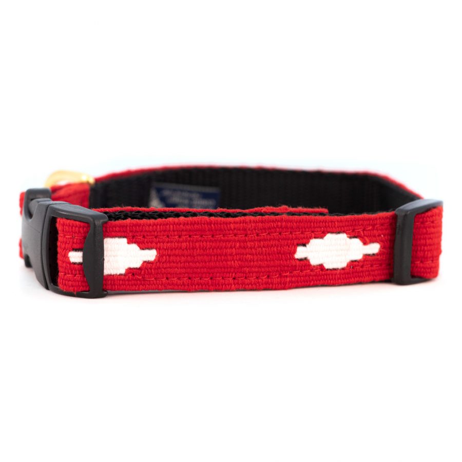 Red dog collar with white diamond pattern and black plastic buckle