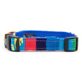 Handmade cotton dog collar with multicolor woven pattern and black plastic buckle