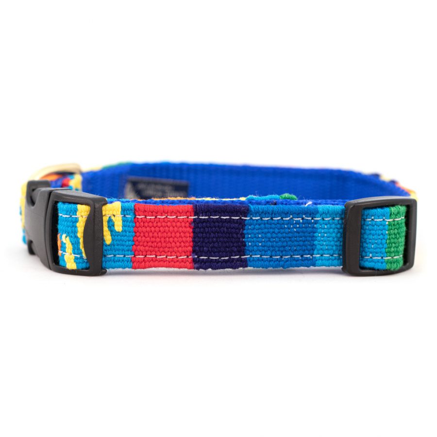 Handmade cotton dog collar with multicolor woven pattern and black plastic buckle