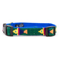 Green and blue handmade cotton weave dog collar with colorful bone pattern and plastic buckles