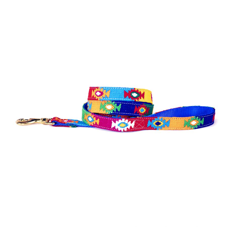 Handmade cotton dog leash with multicolor God's Eye weave and metal clip
