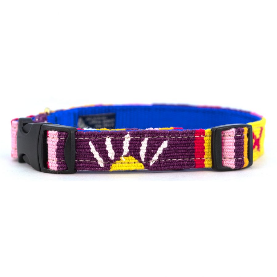 Handmade cotton dog collar with woven stripes, black buckle, dark purple and red/yellow
