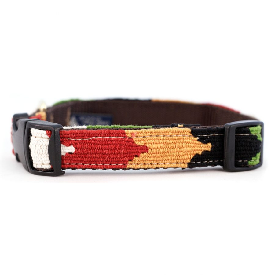 Handmade cotton dog collar with harvest chevron weave, black plastic buckle