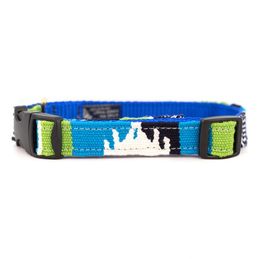 A Tail We Could Wag handmade dog collar, blue woven fabric with green and white pattern, buckle