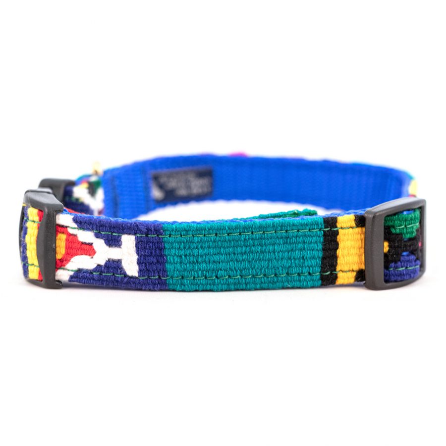 Woven dog collar with blue and green stripe pattern, metal buckle and D-rings