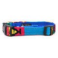 Handmade blue woven cotton dog collar with adjustable black buckle and colorful end trim