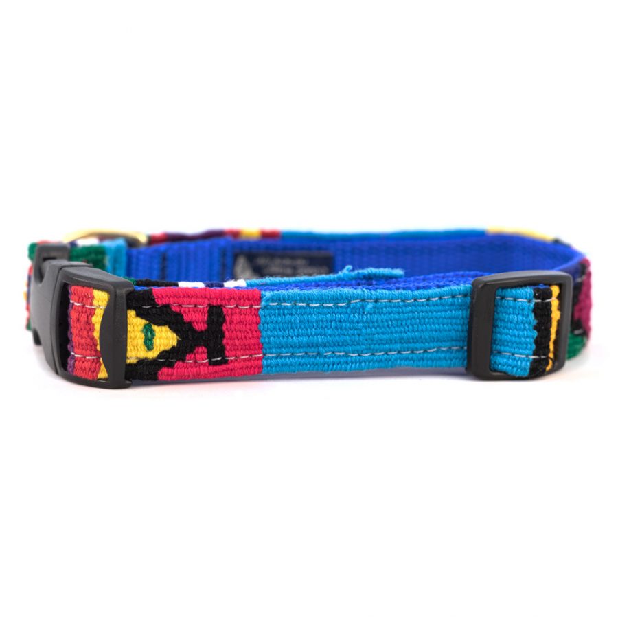 Handmade blue woven cotton dog collar with adjustable black buckle and colorful end trim