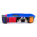 Handmade cotton dog collar, blue with red stripes and castle print, black buckle, orange end tag