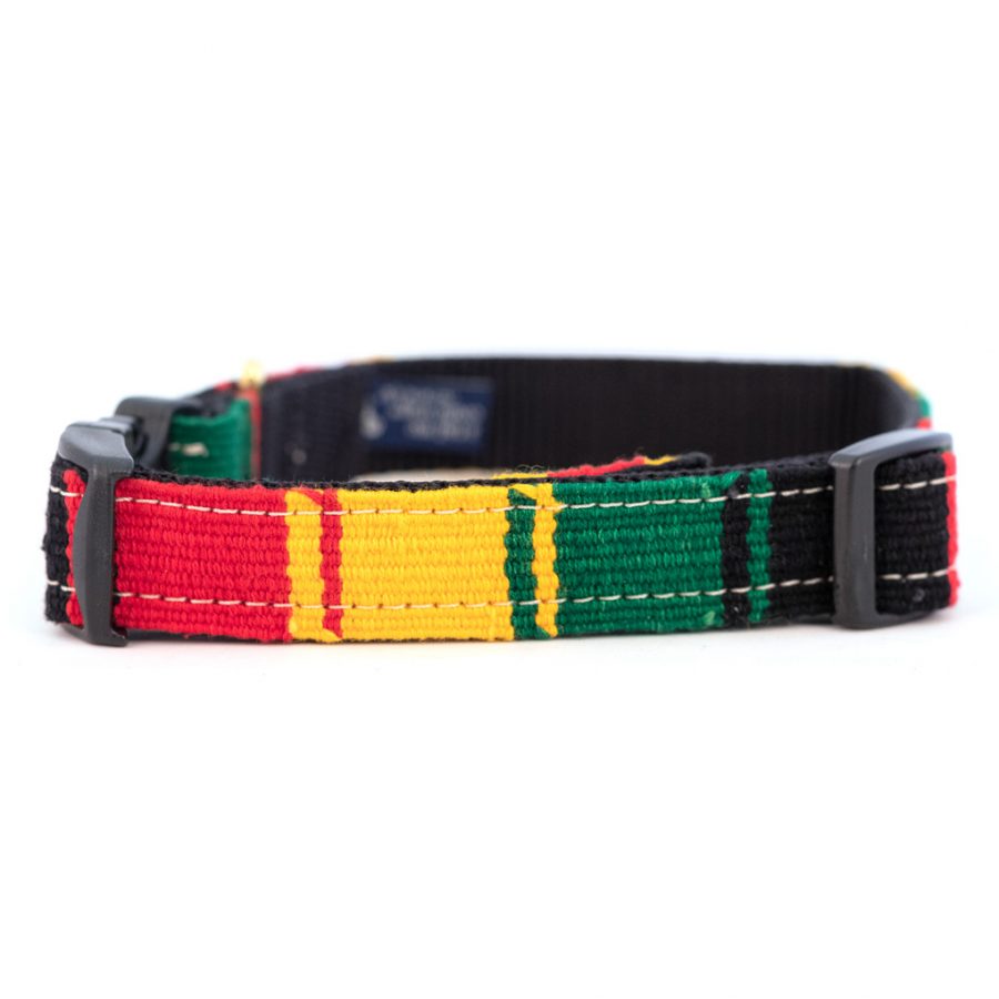 Handmade cotton dog collar with black buckle, red yellow green stripe weave (Rasta)