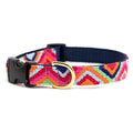 Handmade cotton dog collar with colorful retro zigzag weave and black buckle