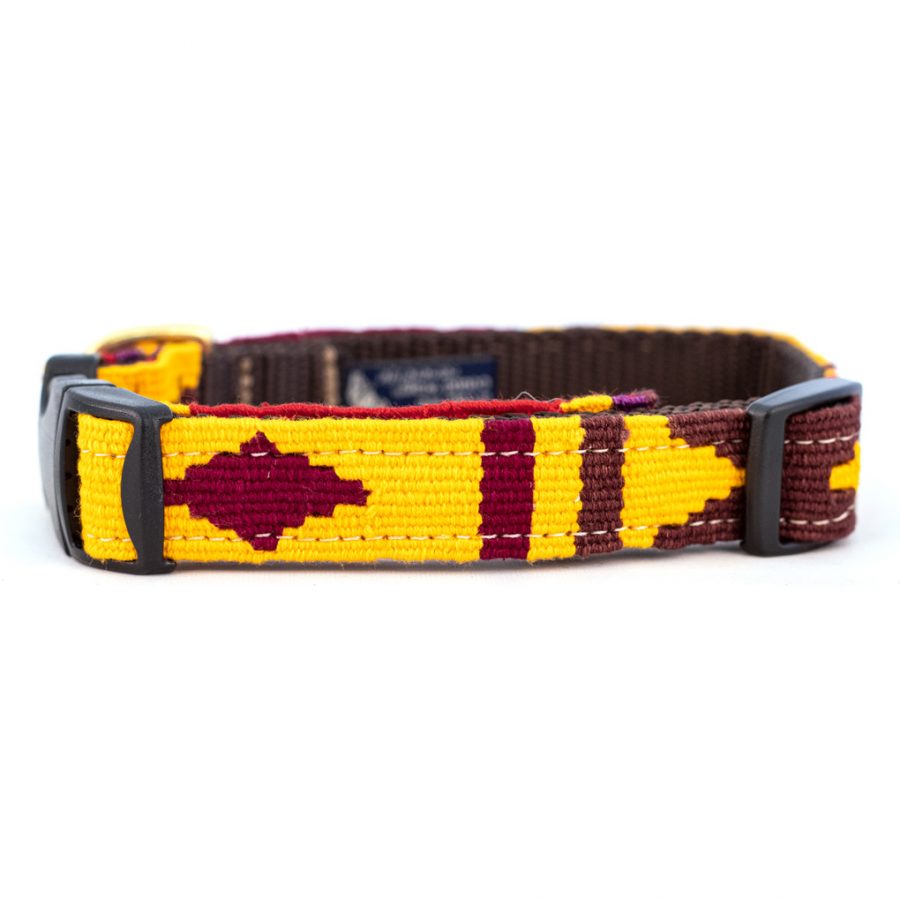 Handmade cotton dog collar, woven yellow with maroon and purple geometric pattern; plastic buckle.