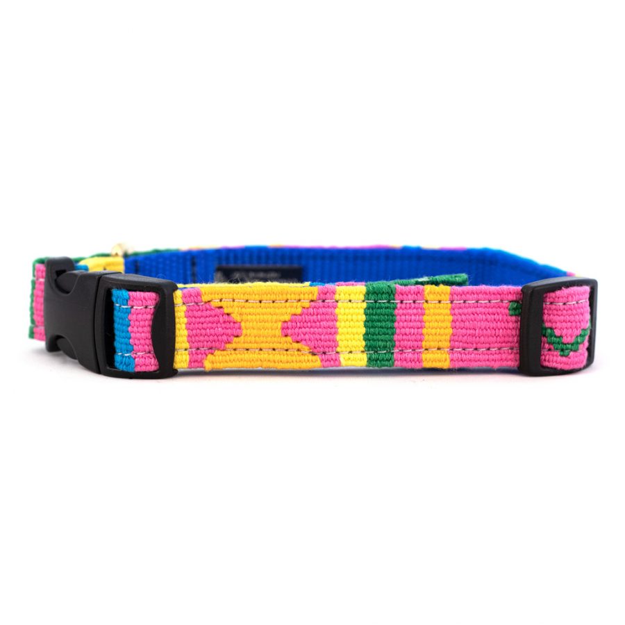 Handmade cotton dog collar with colorful woven stripe pattern and black buckle