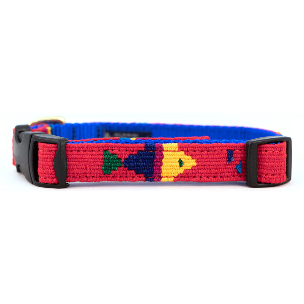Red cotton dog collar with colorful fish pattern, black buckle and D-ring
