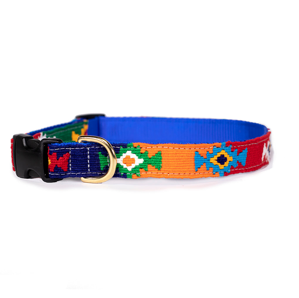 Handmade cotton weave dog collar with multicolor pattern and gold buckle