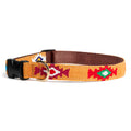 Handmade woven dog collar with gold-orange base and multicolor God’s Eye pattern