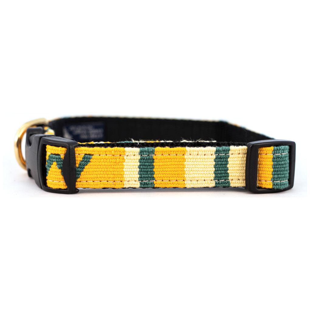 Handmade cotton dog collar with woven yellow and teal striped fabric, black buckle