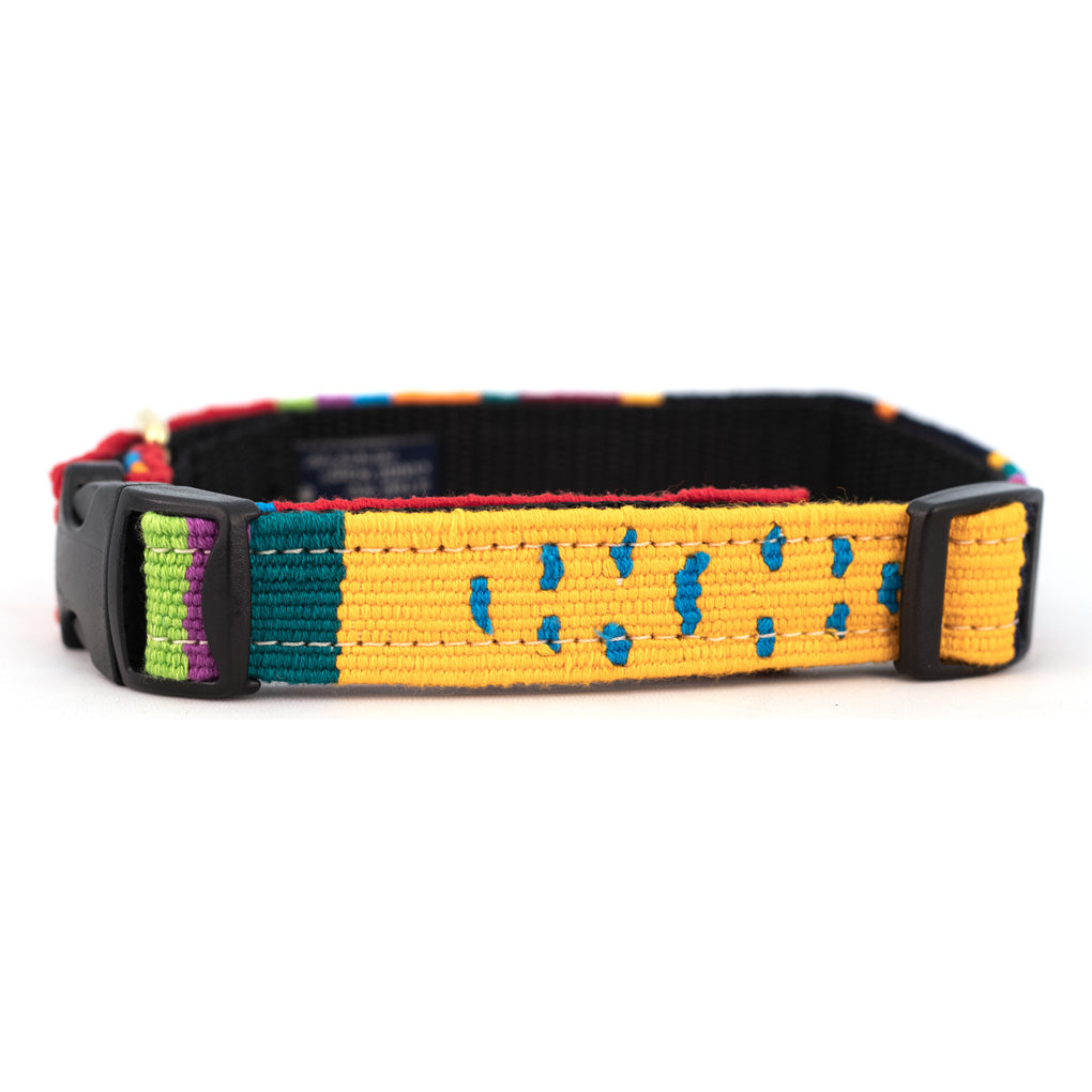 Handmade cotton dog collar with black adjustable buckle and woven multicolor pattern
