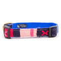 Handmade cotton weave dog collar with star pattern and black plastic buckle, blue and pink