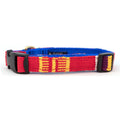 Handmade cotton weave dog collar, red with blue woven stripe and adjustable black buckle