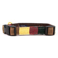 Handmade woven dog collar with multicolor stripe pattern and black plastic buckles