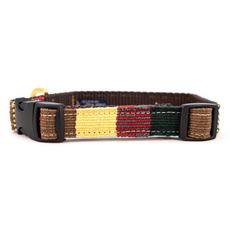 Handmade woven dog collar with multicolor stripe pattern and black plastic buckles