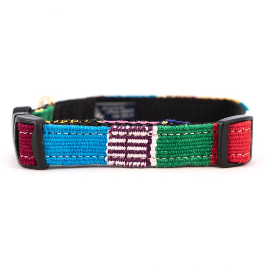 Multicolor woven cotton dog collar with black hardware and red buckle ends