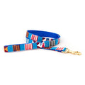 Handmade cotton woven dog leash, blue with red white geometric pattern, brass clasp