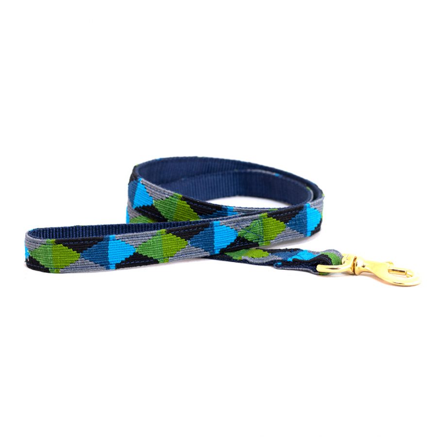 Argyle cotton dog leash with blue and green weave, gold clasp