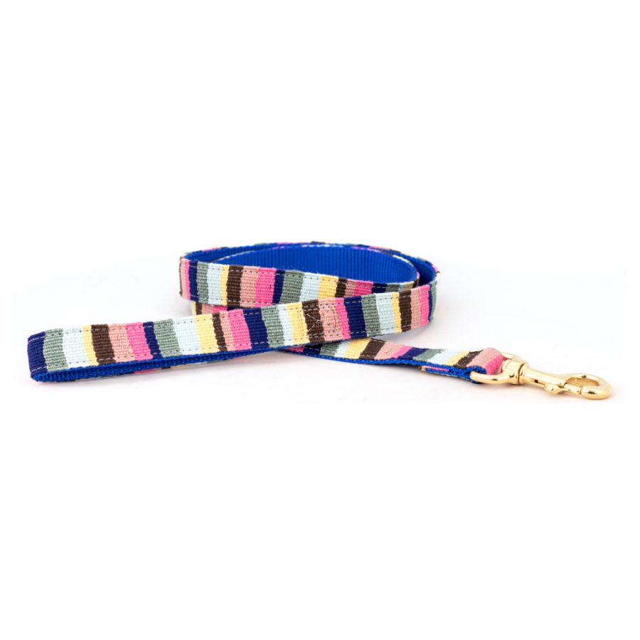 Handmade cotton weave dog leash with multicolor woven pattern and brass clip