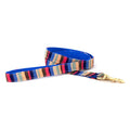 Handmade cotton woven dog leash, blue with multicolor stripes and brass clip