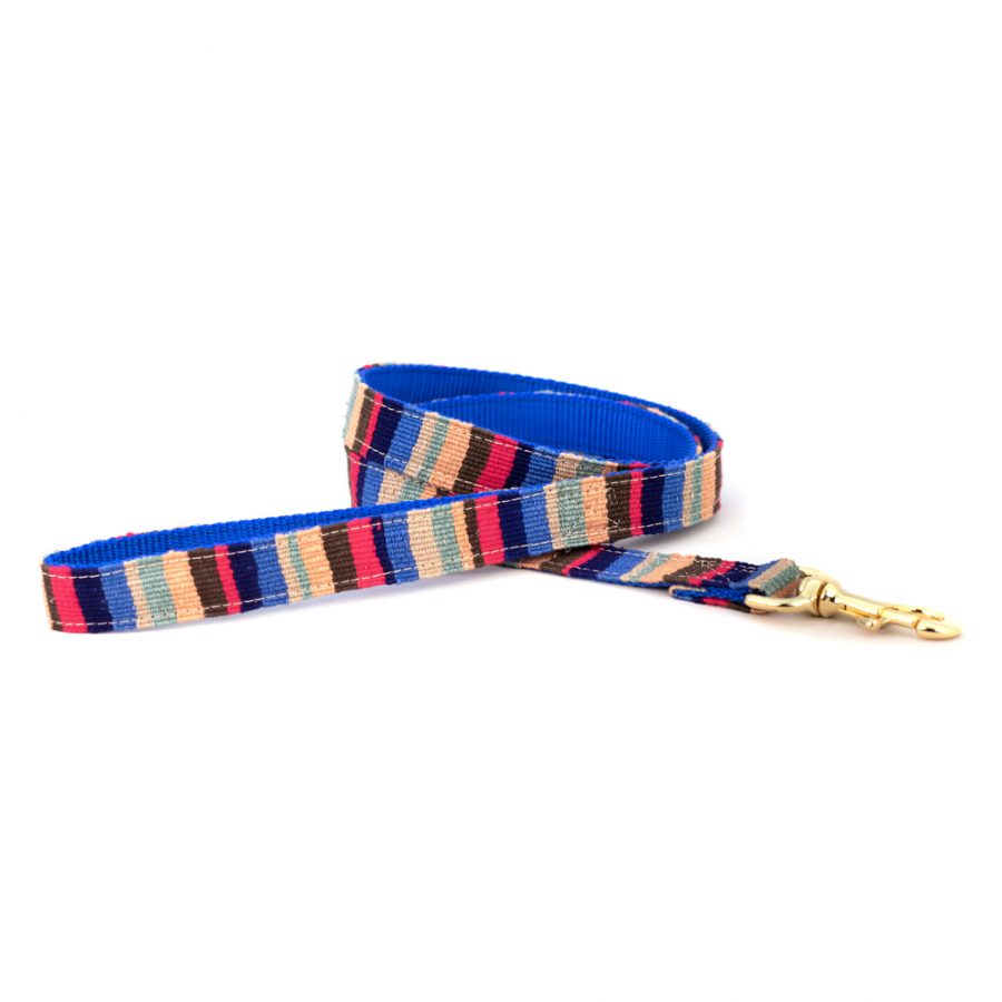 Handmade cotton woven dog leash, blue with multicolor stripes and brass clip