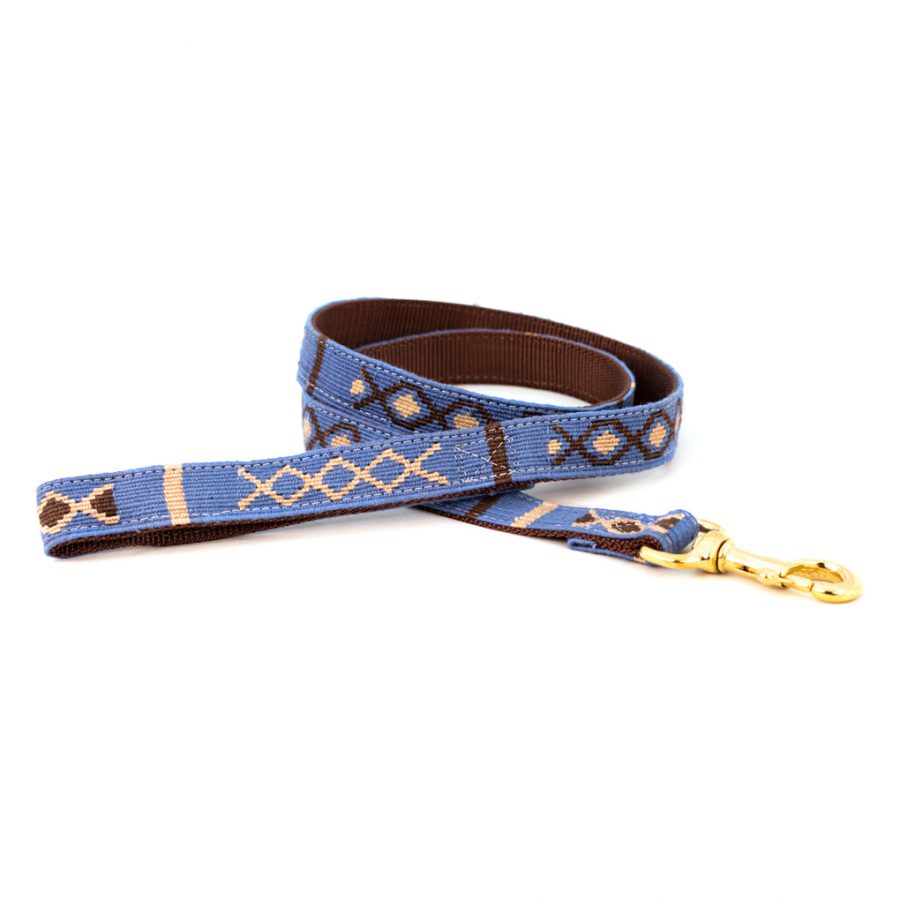 Handmade cotton weave dog leash in blue with patterned strap and metal clip