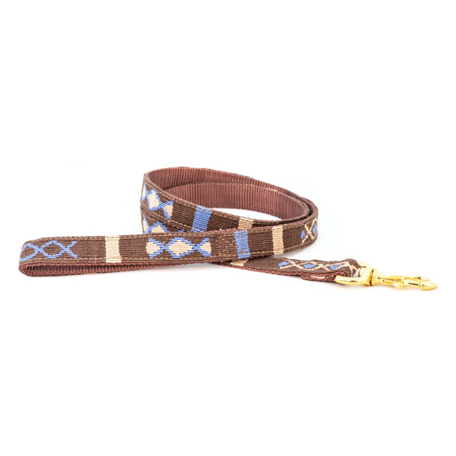 Handmade cotton dog leash with woven brown, blue, and cream pattern and brass clip.