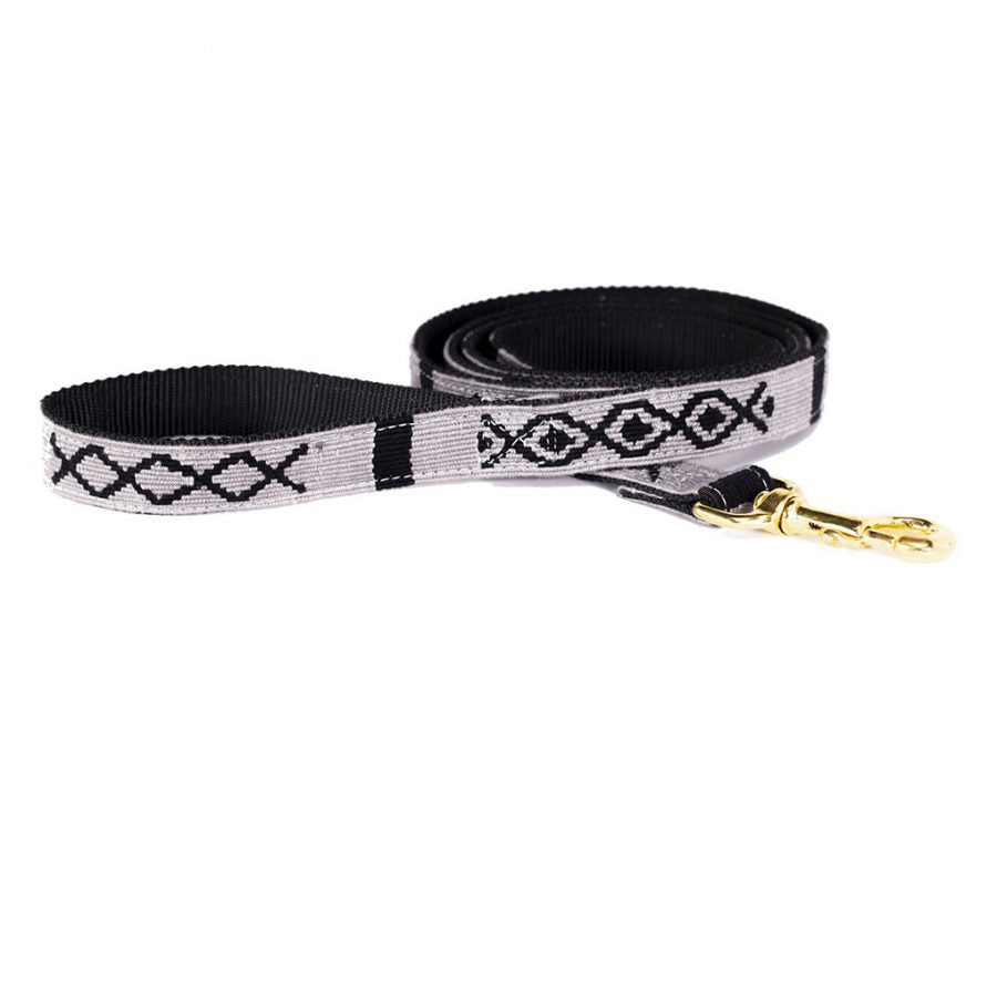 Handmade cotton dog leash, slate gray with black-and-white pattern and gold clasp