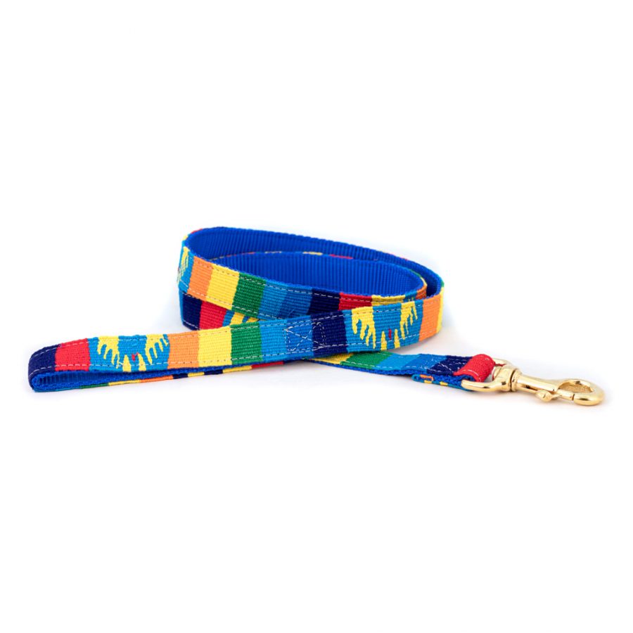 Handmade cotton dog leash with woven multicolor geometric pattern and brass clasp