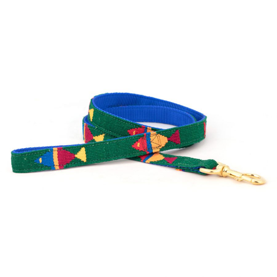 Handmade cotton dog leash in green with colorful geometric pattern and brass clasp