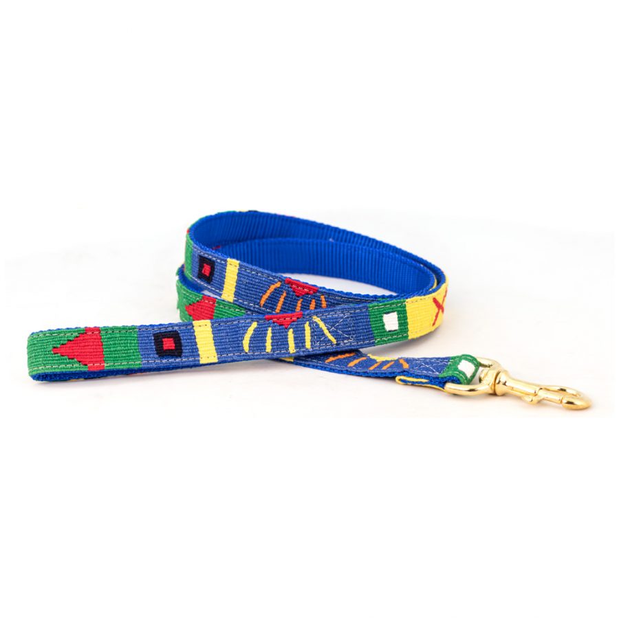 Handmade cotton weave dog leash, blue with multicolor geometric pattern and brass clasp