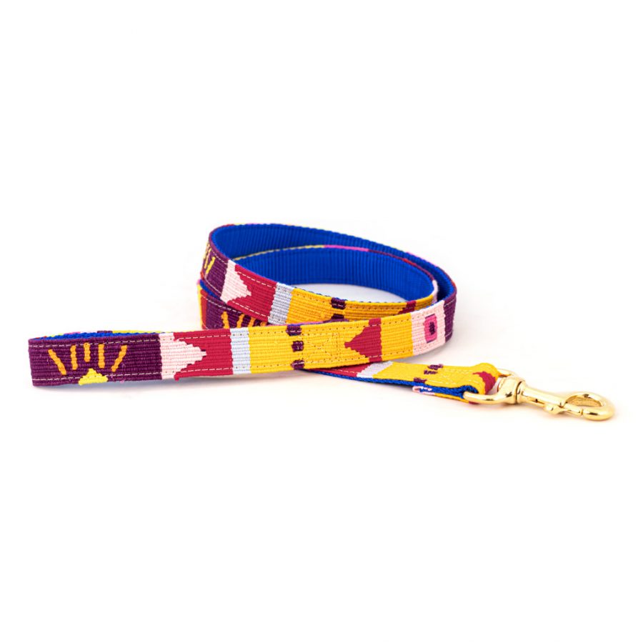 Handmade cotton weave dog leash with woven purple, yellow, and blue pattern