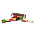 Handmade cotton chevron dog leash with brass clasp, red yellow black green pattern