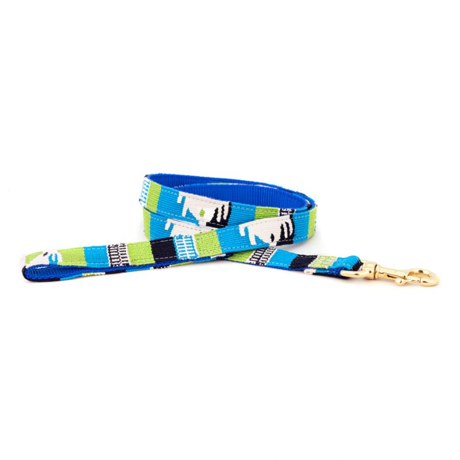 Handmade cotton dog leash with woven blue and green pattern and brass clip