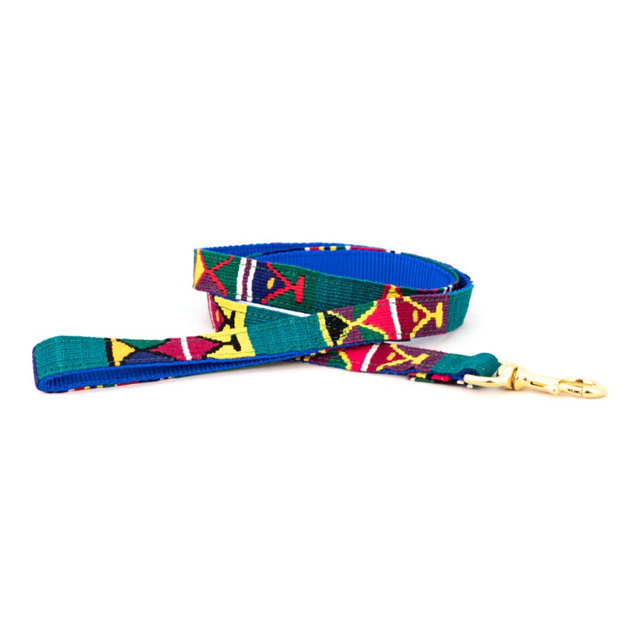 Handmade cotton dog leash in teal and blue with colorful woven pattern and brass clip