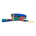 Handmade cotton dog leash in teal and blue with colorful woven pattern and brass clip