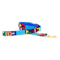 Handmade cotton weave dog leash, bright blue with multicolor geometric pattern and gold clip