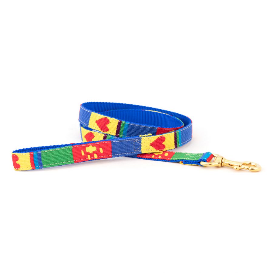 Colorful woven cotton dog leash with heart pattern and gold clasp